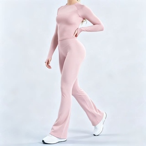 Nouvel ensemble de yoga pour <span class=keywords><strong>femme</strong></span> L-03 – Tenue de sport sans couture avec pantalon évasé et haut à manches longues pour la gym, le fitness, l'entraînement et la course à pied - Product Image 5