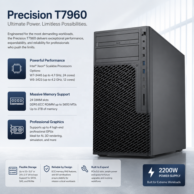 Precision T7960 Tower Workstation Xeon W7-3445 or W5-3423 Processor 2200W PSU for AI Simulation CAD Rendering
