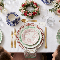 Ensemble de vaisselle en céramique ronde élégante de style baroque bleu floral, 12'', 10,5'', 8'', 6,5'', pour mariage, banquet, fête, vente en gros