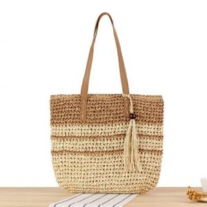 Sac fourre-tout en paille tressée grande capacité à rayures françaises pour femmes d'affaires, nouveau sac de plage contrasté avec broderie et deux ouvertures - Product Image 3