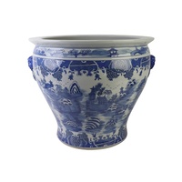 RYKB185-B Pot de fleurs en porcelaine peint à la main, motif paysage de pavillon de montagne chinois bleu et blanc, pour jardin