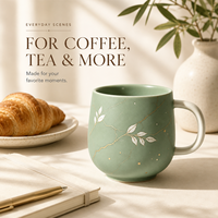 Taza de Café de Cerámica con Diseño Kintsugi Verde Salvia y Vetas Doradas, Pintada a Mano, con Hojas Blancas, para Hogar, Oficina o Regalo, Venta al Por Mayor