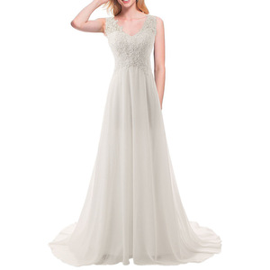 Lace A-Line Bridal Gown White Ivory V-Neck Chiffon Wedding Dress Natural Waistline Simple Elegant Style - Product Image 1