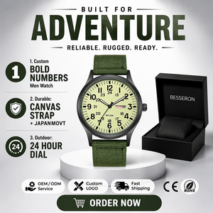 Montre pour homme vintage à quartz avec grands chiffres, boîtier en acier inoxydable, bracelet en toile verte tressée, résistante à l'eau, durable, pour l'extérieur - Product Image 1