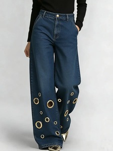 Nouveaux pantalons amples taille haute pour femmes européennes et américaines, jeans à design ajouré pour femmes, vente en gros - Product Image 1