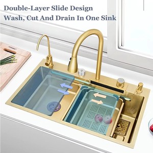 Évier de cuisine en acier inoxydable doré avec robinet extractible, petit bac, machine à laver les tasses et kit de vidange, bar station de travail à revêtement nano - Product Image 2