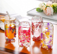 Mug en verre borosilicate soufflé à la main à double paroi avec intercouche de fleurs séchées, résistant à la chaleur, capacité 300 ml pour café et boissons froides