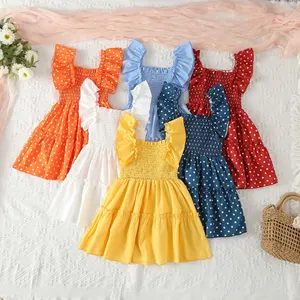 2023 Summer Children Wholesale Sleeveless Square Collar Solid Color Polka Dot Print Ruffle Dresses Girls Princess Dress