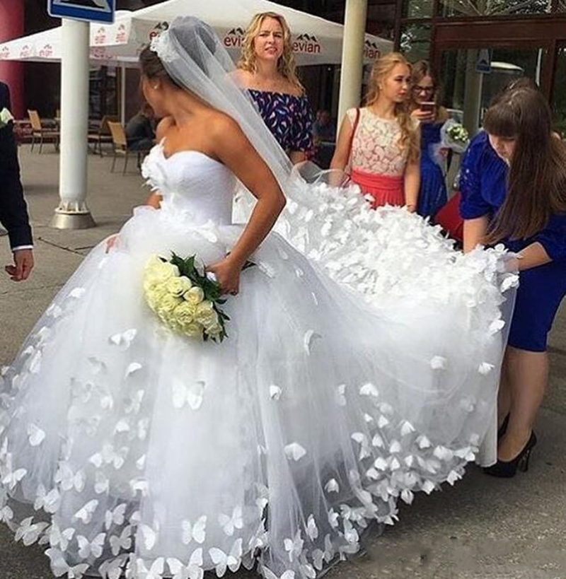 butterfly applique tulle a line wedding dress DeKlaire 488 A-Line Wedding Dress – Gown with Shawl Covering White / M main image 1