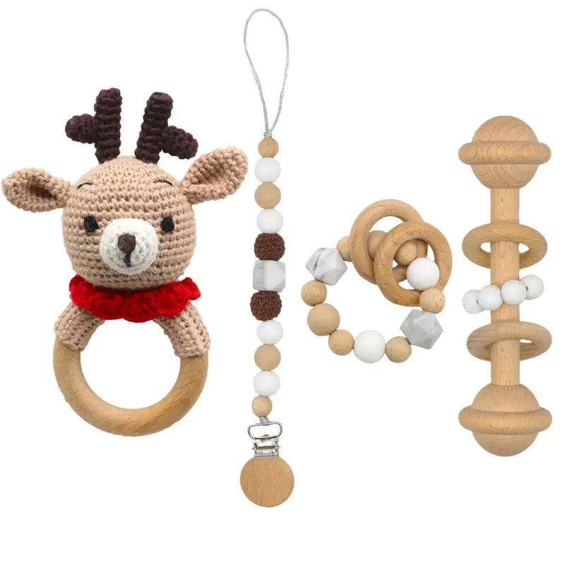 Christmas Gift Set Newborn Teether Pacifier Chain Clip Wooden Bracelet Crochet Deer Rattle Toys Baby Shower Gift Handmade