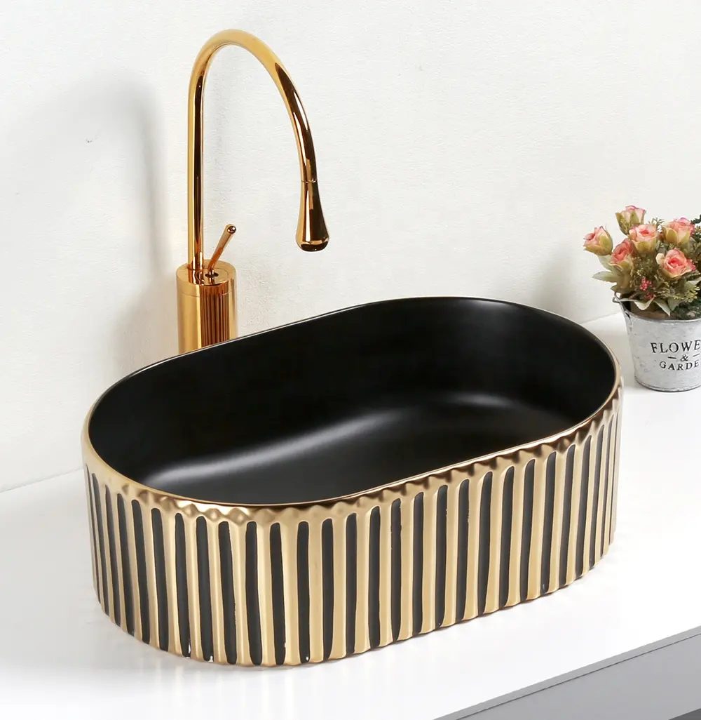 E-BELL Unique Luxury Ceramic Sanitary Wares Art Basin Plated Gold And Black Bathroom Sinks Hand Wash Basin