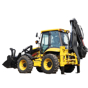 Chargeuse-pelleteuse à roues jaunes avec godet avant, bras d'excavation arrière et cabine fermée - Product Image 1