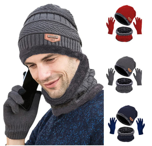 Ensemble <span class=keywords><strong>Bonnet</strong></span> et Gants Hiver Doux et Chaud de Haute Qualité pour Hommes, Chapeau en Fausse Fourrure Peluche Tricoté, Écharpe, <span class=keywords><strong>Bonnet</strong></span> et Gants de Haute Qualité - Product Image 2