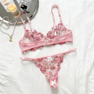 US Hot Sale Frauen Pink Erotic Verführer ische Transparente Dessous Sexy Unterwäsche Spitze Semi Temptation Stickerei Dünnes BH-Set - Product Image 5