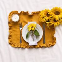 Set de table en lin à volants jaune moutarde, avec bordure à franges, style campagnard, pour table à manger, décoration de mariage et de fêtes