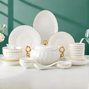 Céramique 60 pcs gaufrés plats de dîner assiettes bols soupière ensemble de vaisselle fine os chine blanc or jante