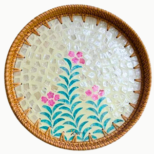 Bandeja de Servir Redonda de Madera Elegante con Incrustaciones de Nácar y Mimbre, Personalizable OEM/ODM, Regalo de Inauguración de Casa, Duradera - Product Image 6