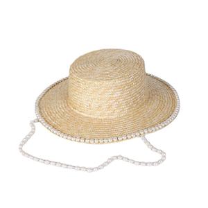 Primavera Verão Estilo francês Pérolas Cadeia Palha Flat Top Chapéu De Palha Proteção Solar Praia Chapéu Para As Mulheres - Product Image 5