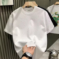 T-shirt personnalisé en coton épais à manches courtes, style streetwear, avec strass hip-hop et épaules tombantes pour homme