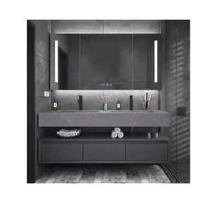 CBMMART 2023热卖新款双大理石浴室水槽橱柜白色现代浮动实木盥洗室梳妆台带镜子