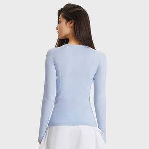 Ropa de Fitness para mujer, camiseta de <span class=keywords><strong>yoga</strong></span> de manga larga sin costuras de compresión para gimnasio, color sólido - Product Image 5