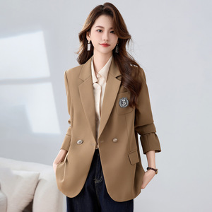 Women's Khaki Blazer Solid Color Polyester Anti-Wrinkle Casual Workwear - Product Image 1