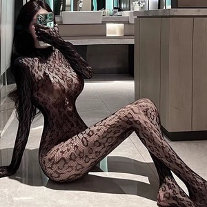 Leopard Print Mesh Bodysuit Women 0D Ultra Thin See Through Sexy Lingerie With Gloves And Stockings All In One Piece - Product Image 4