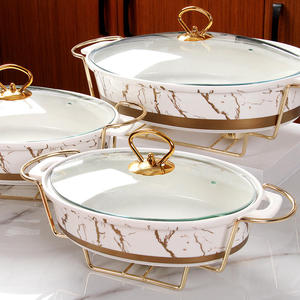 JEETEE fabrika doğrudan satmak altın Oval şekil restoran güveç mermer seramik kaplama büfe çorba tenceresi ile demir standı - Product Image 1