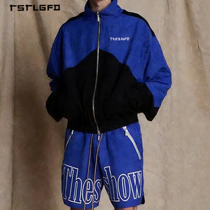 Wholesale Large Letter Print Color-Block Nylon Shorts <b>Set</b> with Stand-up Collar Windbreaker Jacket Men's Two Piece Street Outfit - Product Image 1