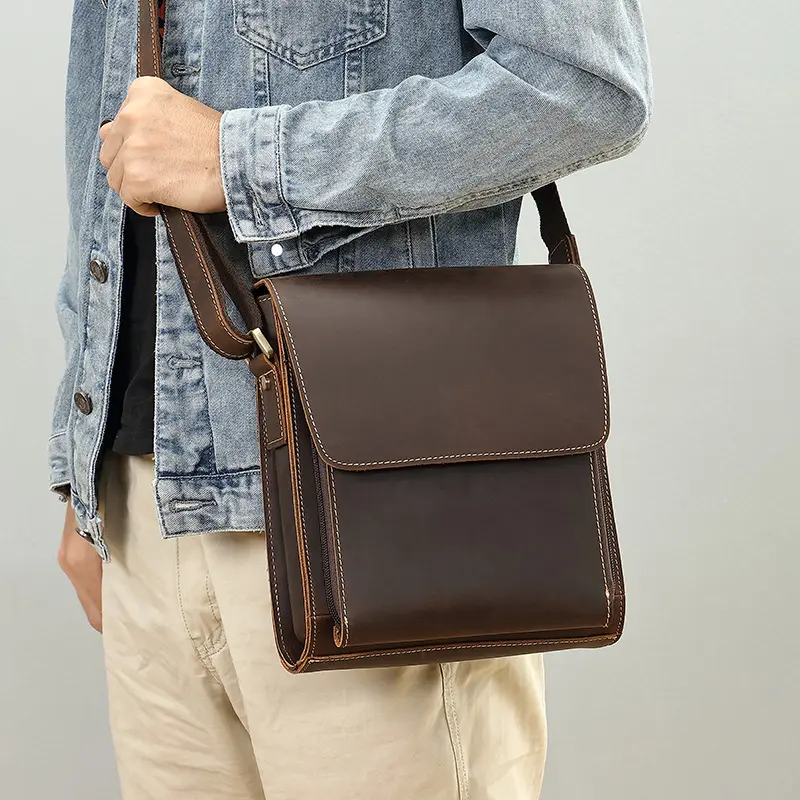 Handcrafted Custom Genuine Real Leather Crazy Horse Leather Shoulder Messenger Bag Vintage Crossbody Satchel Bag For Men