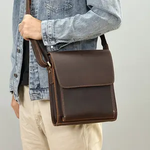 Handgemaakte Custom Echt Leer Gek Paard Lederen Schouder Messenger Tas Vintage Crossbody Tas Voor Mannen