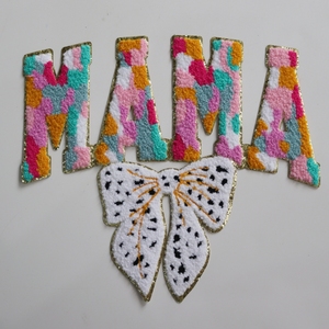 Presa di fabbrica MAMA ricamata <span class=keywords><strong>Patch</strong></span> con ciniglia colorata grande fiocco e Glitter oro per la festa della mamma in stile ferro per camicie - Product Image 1