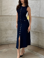 Nouvelle Robe Pull Tricotée Femme Printemps-Été en Viscose, Coupe Crayon, Unie, Taille Élastique, Sans Manches, Respirante, Boutonnée, Fendue
