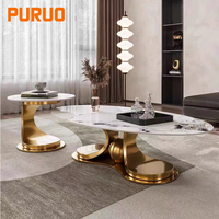 Ensemble de tables basses gigognes d'usine de Foshan, coins arrondis, plateau ovale en marbre synthétique, pieds en grain de bois, support d'angle doré, tables basses en acier inoxydable