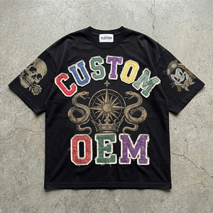 เสื้อยืดโอเวอร์ไซส์ทรงบ็อกซี่ ไหล่ตก ผ้าฝ้าย 100% 330 GSM ปักลายปะติด พิมพ์ลายดิจิทัล สไตล์วินเทจทำเก่า รับผลิตตามแบบ OEM - Product Image 1