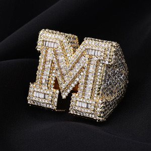 Custom Fashion Shiny Copper 18K Gold Plated <b>Initial</b> M Letter Micro Pave Baguette Zircon Hip Hop <b>Ring</b> - Product Image 1