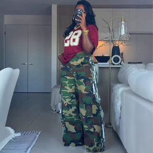 Pantalon cargo décontracté à franges latérales pour <span class=keywords><strong>femme</strong></span>, <span class=keywords><strong>coupe</strong></span> droite, style moto, jambe large, motif camouflage, en jean - Product Image 3
