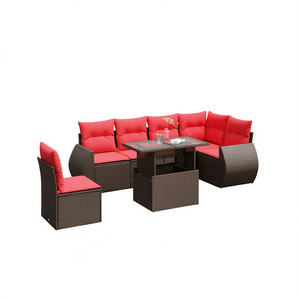 ชุดโซฟาสวนหวายโพลี 7 ชิ้น เฟอร์นิเจอร์ลานกลางแจ้งสีน้ำตาลพร้อมเบาะรองนั่ง ดีไซน์ร่วมสมัยทันสมัย - Product Image 1