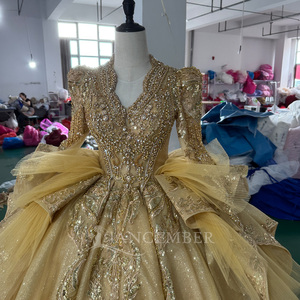Mc053 Gold <b>Glitter</b> Tulle Prom Dress V Neck Long Sleeve Puff Shoulder Sequin Embroidered Crystal <b>Ball</b> Gown Jancember - Product Image 6