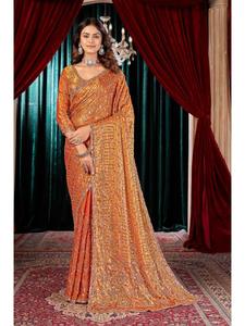 Wholesale Premium Heavy Fandy <b>Satin</b> Designer <b>Saree</b> with Artistic Heavy Beads Embroidery Work Matching Designer Blouse Wedding - Product Image 1