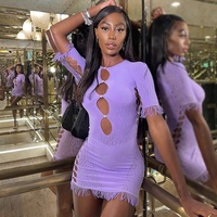 כפתורים חדשים טאסל Hem תחרה שמלות תחבושת Bodycon רשת שמלת נשים מסיבת מועדון הלילה סקסי חלול את שמלה