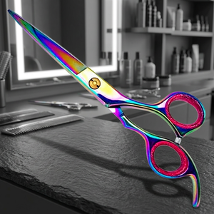 Ciseaux à cheveux professionnels à manche long droit, revêtement couleur arc-en-ciel, pointe de sécurité, style unique, couleur fixe, repose-doigt et embout de sécurité - Product Image 2