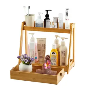 Estante de pie de almacenamiento de maquillaje cosmético de tocador de 2 niveles personalizado organizador de encimera de baño de bambú y estante de almacenamiento