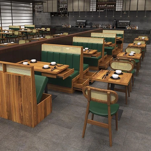 Modern Wood <b>Restaurant</b> Booth <b>Set</b> With Green Upholstery And Integrated Tables For Commercial Dining Spaces - Product Image 1