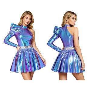 Vestido Metálico de Un Solo Hombro para Mujer, Iridiscente, Plisado, con Cuello Simulado, Manga Abullonada, Disfraz de Baile para Fiesta Disco, Personalizado - Product Image 2