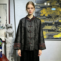 Veste originale pour femme en soie Xiangyun, à col montant, à simple boutonnage, noire, grande taille, à manches longues, avec broderie riche 7434