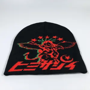 OEM High Quality Fashion Popular Unisex Unfold Warm Knit Beanies Set Custom Red Logo Jacquard Black Winter Hats