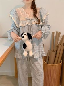 2025 Meryjia versione coreana pigiama con rifinitura in pizzo a scacchi floreali dolce tinta unita stile corte camicie da <span class=keywords><strong>notte</strong></span> arruffate a maniche lunghe per - Product Image 6