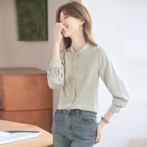 Women's Apricot Blouse Solid Color Chiffon Chinese Style Embroidered Work Shirt - Product Image 4