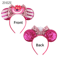 Serre-tête pour filles, motif princesse de dessin animé mignon, thème parc d'attractions, avec oreilles de souris, dentelle et paillettes, et motifs tasse à thé et chat montre